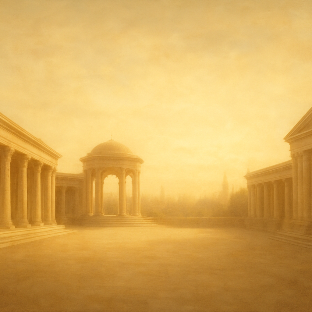 A serene golden-hour plaza in warm ivory and gold tones