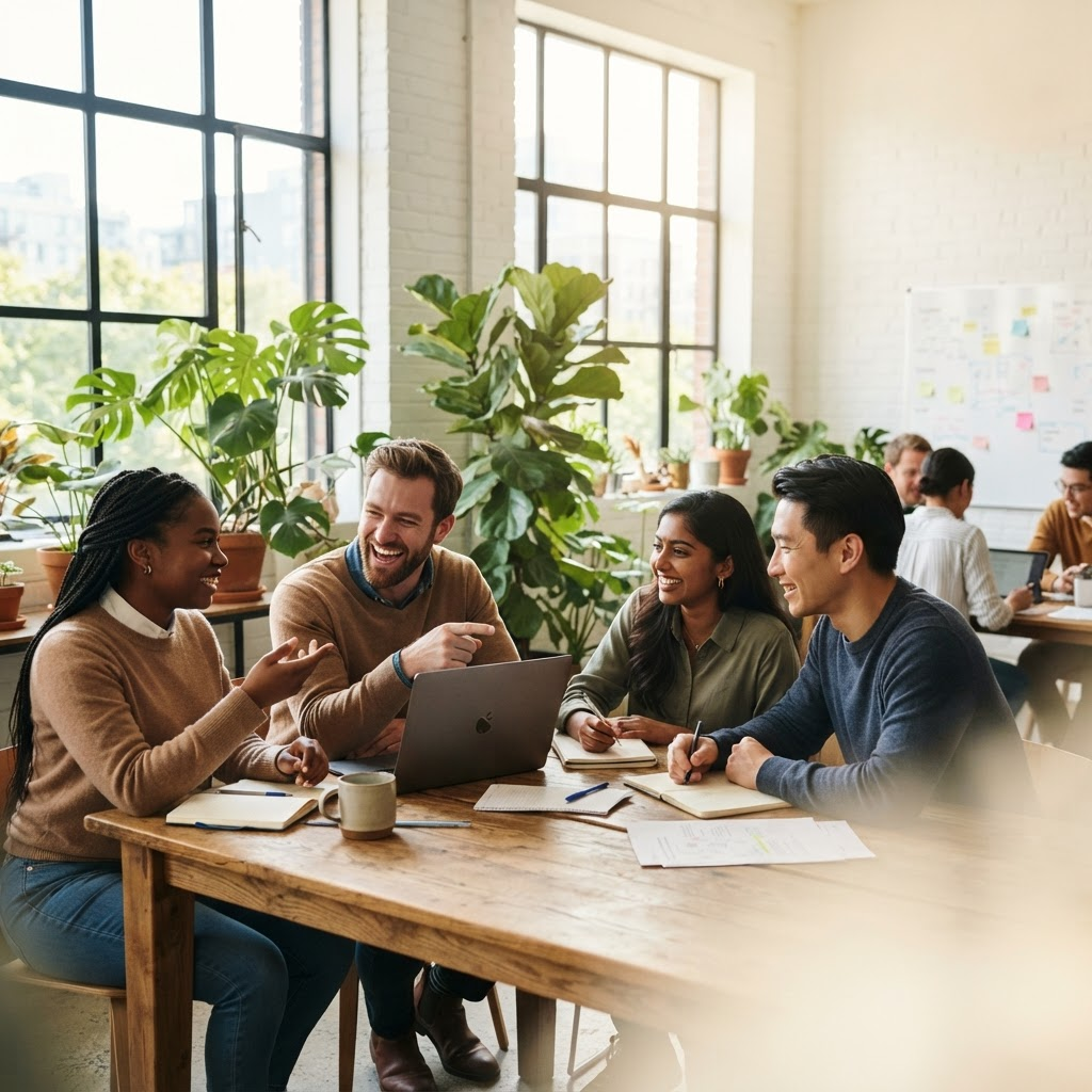 A team of professionals collaborating happily around a table in a bright modern office