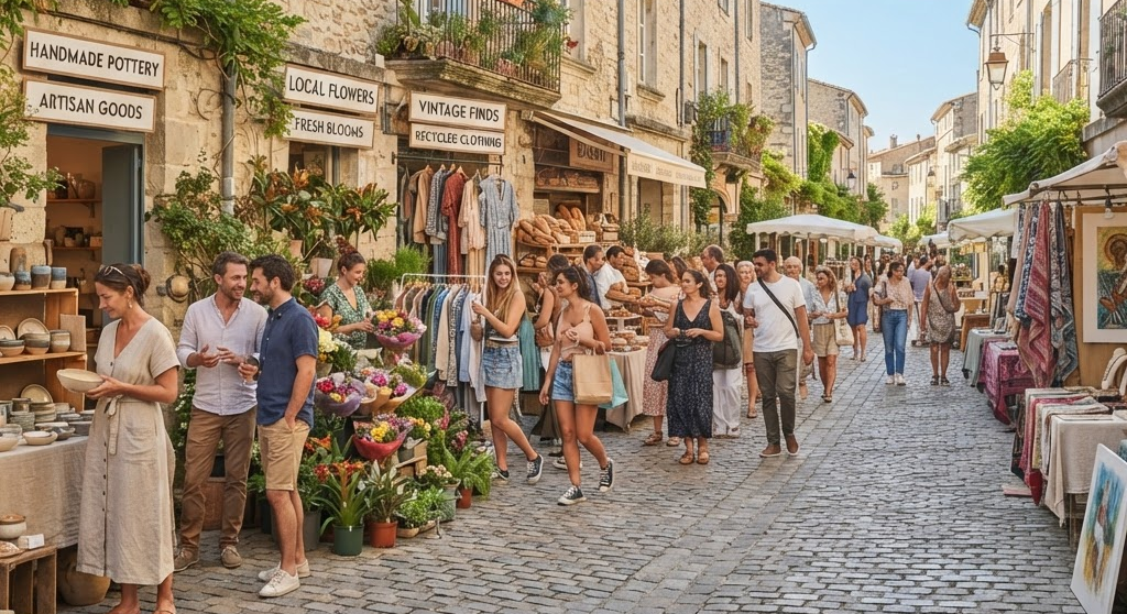 People happily browsing stalls of goods at a bright, bustling daytime market