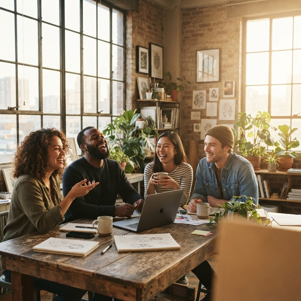 Young creatives laughing together around a table in a sun-flooded loft studio