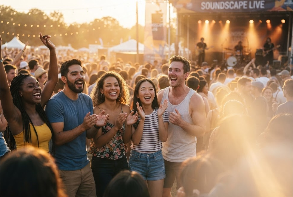 A joyful group of friends enjoying live music together at a warm, sunlit outdoor show