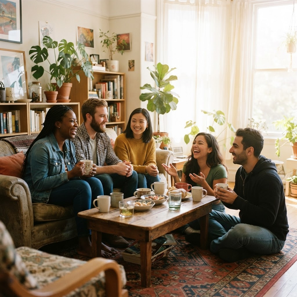A lively group of friends laughing together around a table in a bright, sunlit room